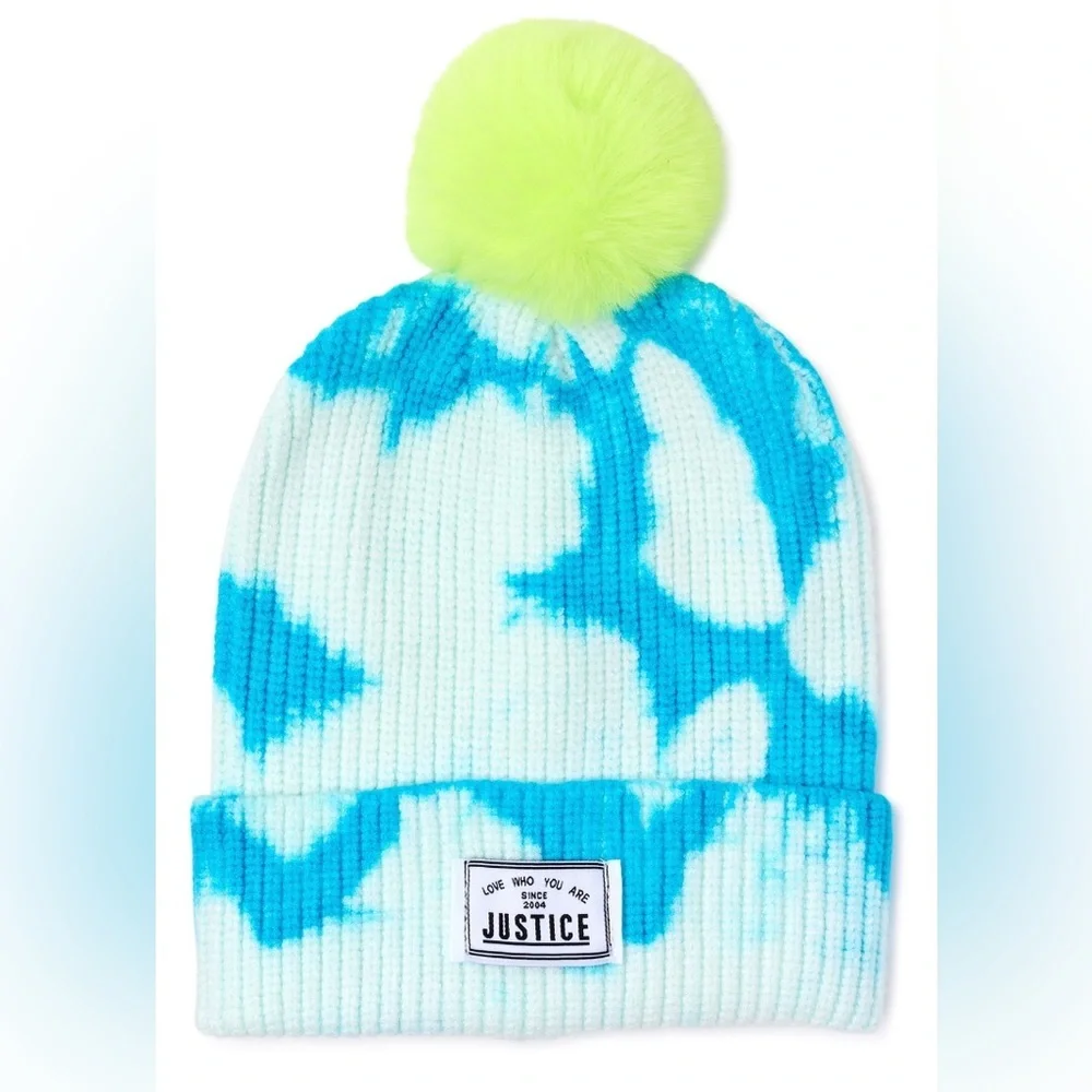 2pack Justice Girls’ faux fur pom pom ombre Tie Dye & fair isle look beanies new